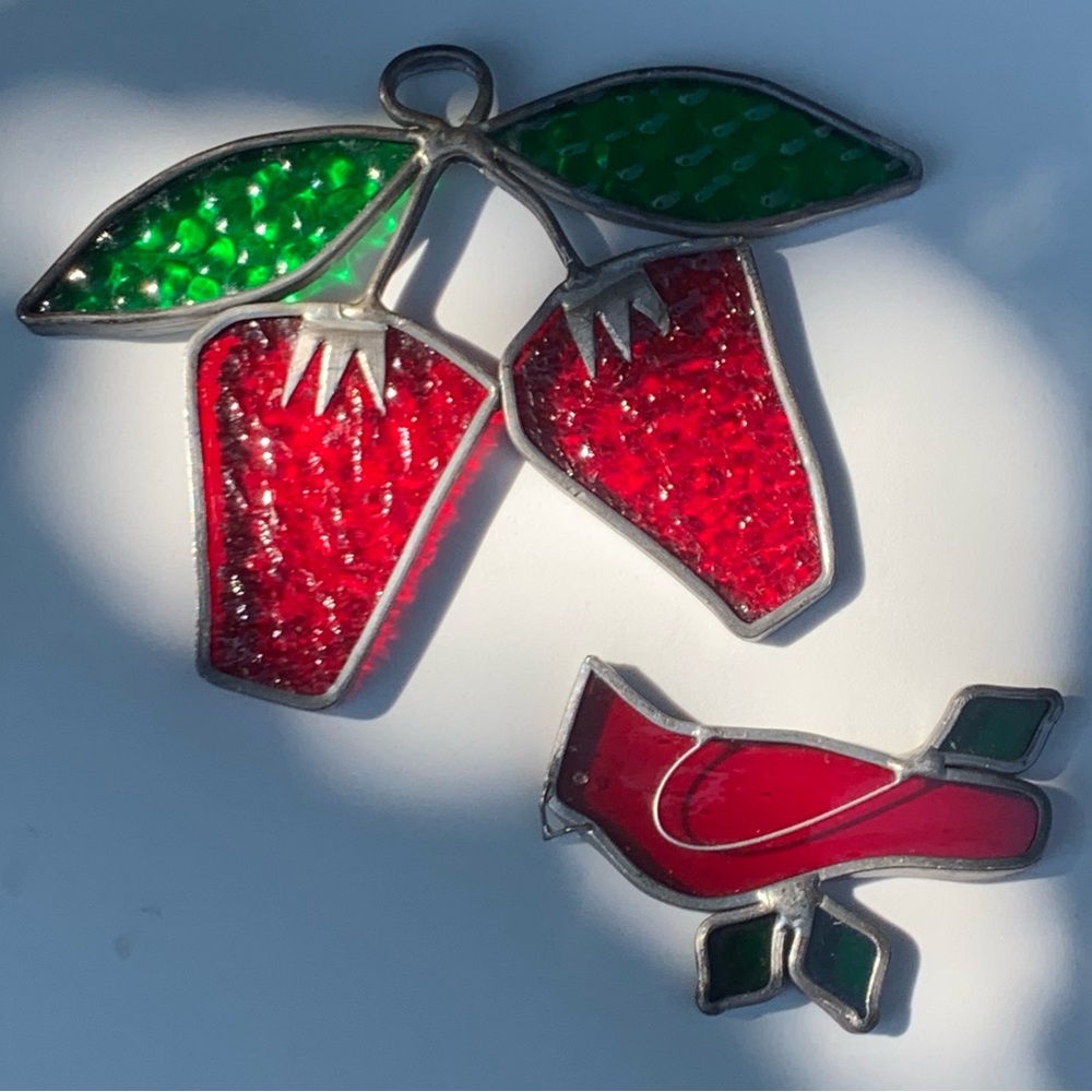 Vintage MCM Handmade Stained Glass Sun Catcher Strawberries Textured Bird